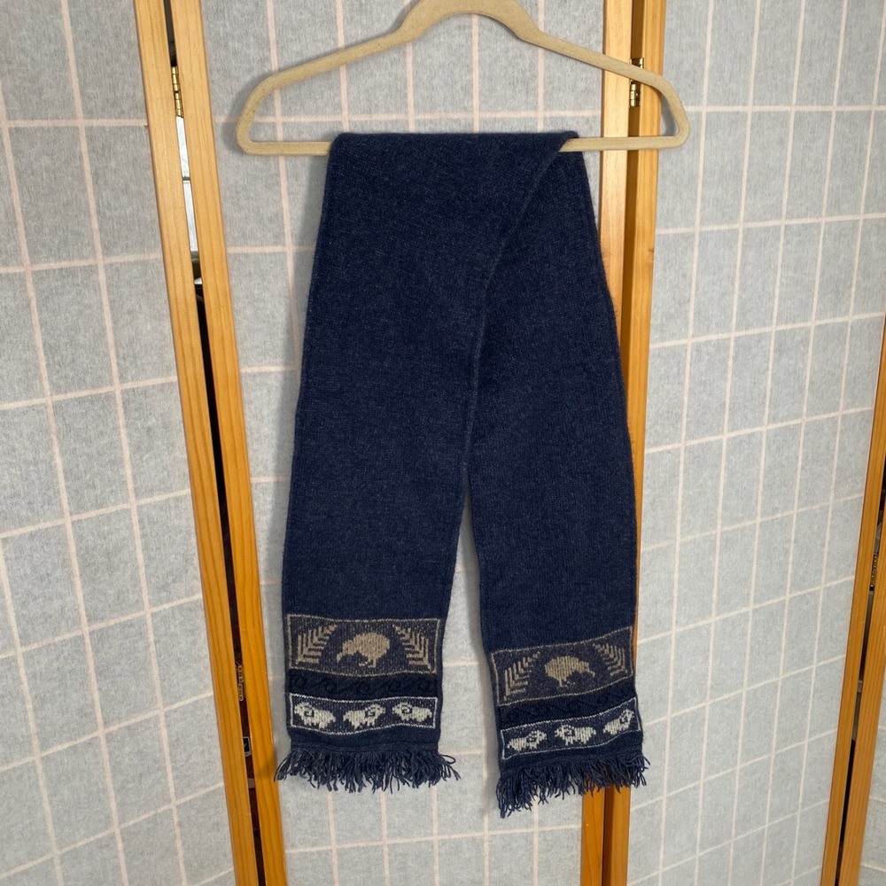 KORU Unisex Navy Blue Knit Scarf Alpaca‎ Blend Sheep & Kiwi Bird Pattern Fringe